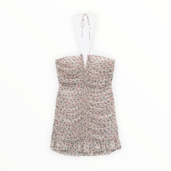 ZARA | Off White | METALLIC THREAD DRAPED PRINT DRESS - Picture 2 of 12